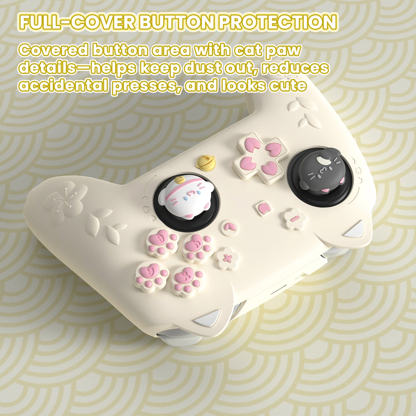 PlayVital 和風さくら子猫デザイン シリコンカバー Nintendo Switch 2 Pro コントローラー用, バックボタンキャップ・サムグリップ・ステッカー付き 可愛い保護スキンケース【アイボリー】