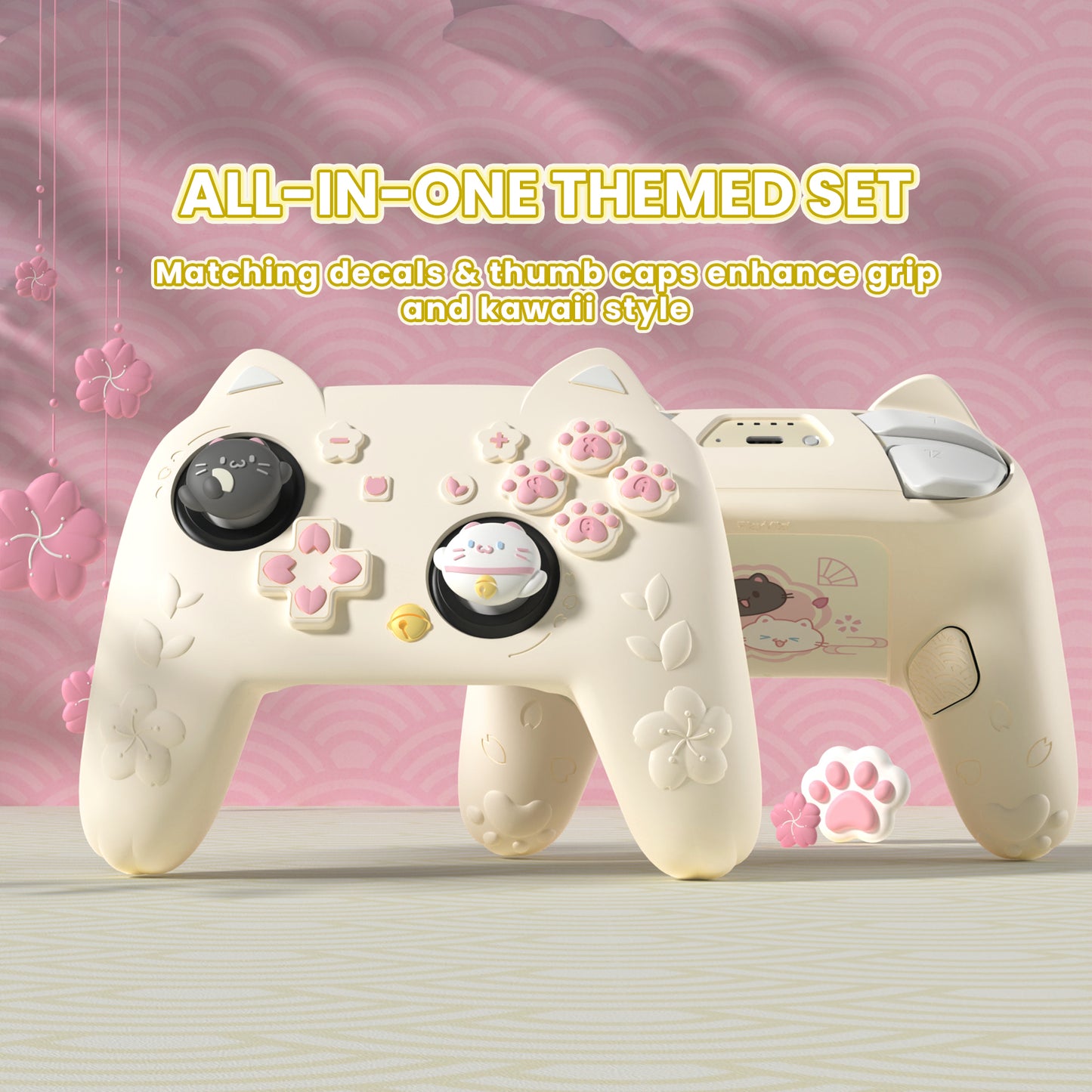 PlayVital 和風さくら子猫デザイン シリコンカバー Nintendo Switch 2 Pro コントローラー用, バックボタンキャップ・サムグリップ・ステッカー付き 可愛い保護スキンケース【アイボリー】