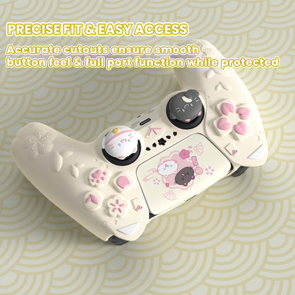 PlayVital 和風さくら子猫デザイン シリコンカバー PS5コントローラー用, 滑り止めグリップスキン、サムグリップ＆ステッカー付き【アイボリー】