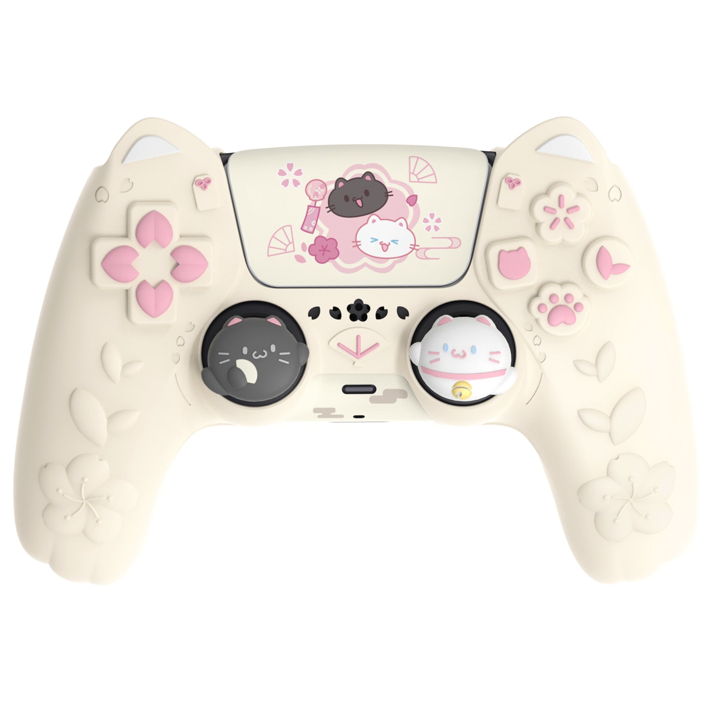PlayVital 和風さくら子猫デザイン シリコンカバー PS5コントローラー用, 滑り止めグリップスキン、サムグリップ＆ステッカー付き【アイボリー】