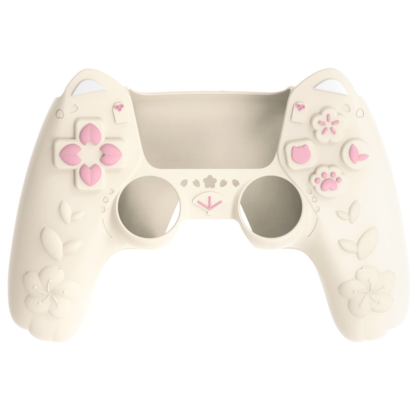 PlayVital 和風さくら子猫デザイン シリコンカバー PS5コントローラー用, 滑り止めグリップスキン、サムグリップ＆ステッカー付き【アイボリー】
