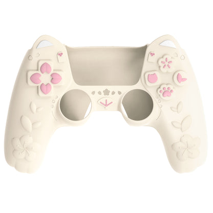 PlayVital 和風さくら子猫デザイン シリコンカバー PS5コントローラー用, 滑り止めグリップスキン、サムグリップ＆ステッカー付き【アイボリー】