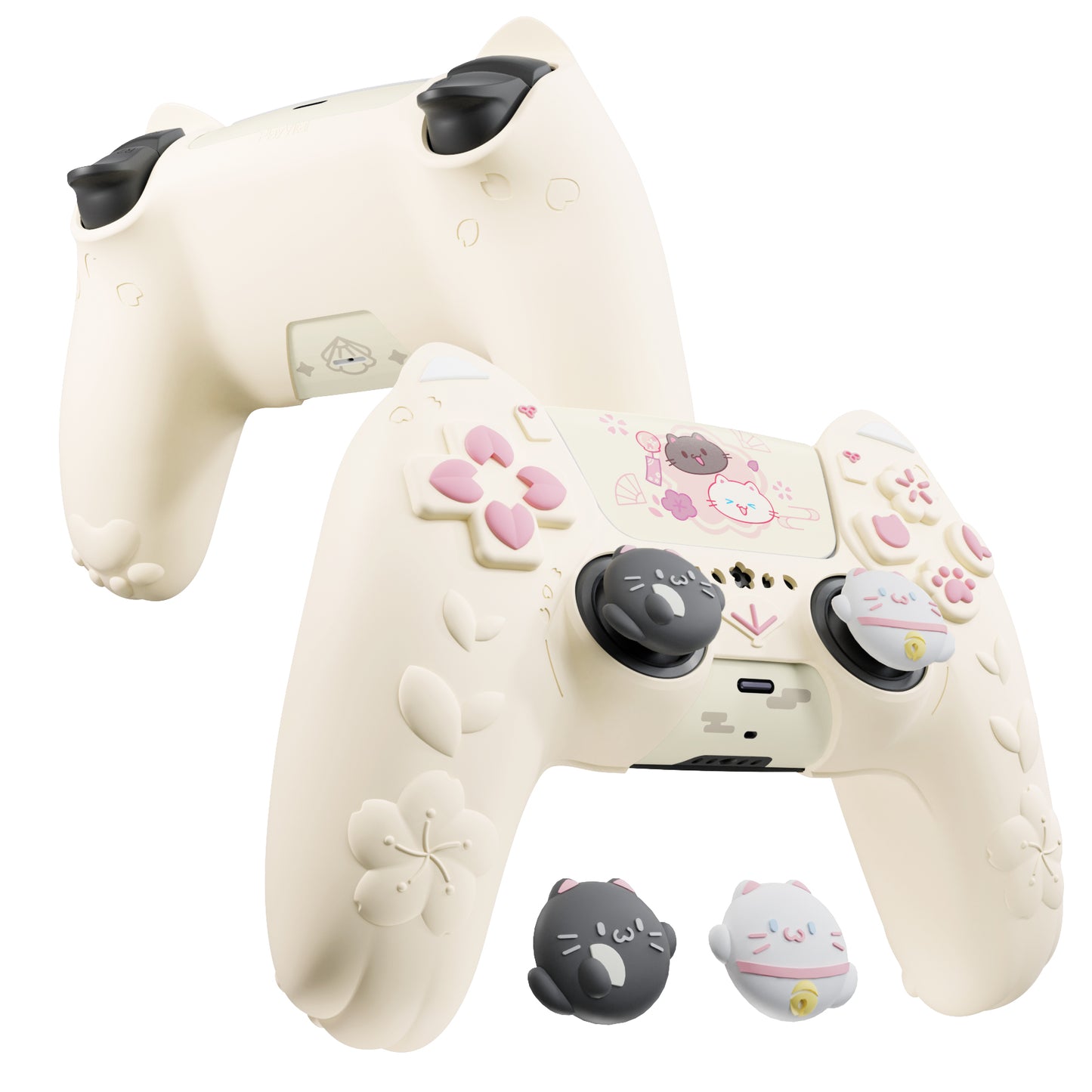 PlayVital 和風さくら子猫デザイン シリコンカバー PS5コントローラー用, 滑り止めグリップスキン、サムグリップ＆ステッカー付き【アイボリー】