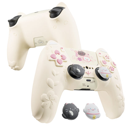PlayVital 和風さくら子猫デザイン シリコンカバー PS5コントローラー用, 滑り止めグリップスキン、サムグリップ＆ステッカー付き【アイボリー】