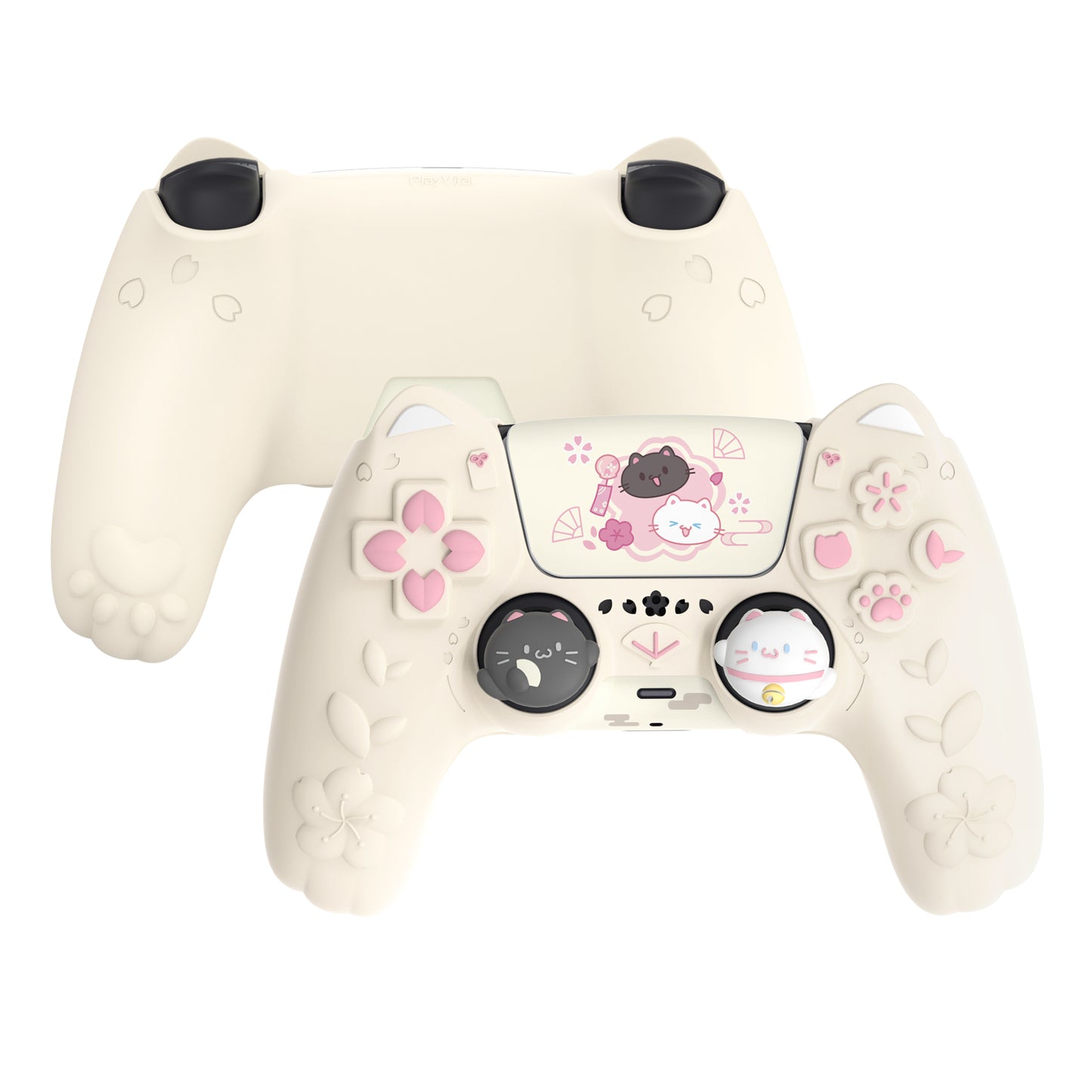 PlayVital 和風さくら子猫デザイン シリコンカバー PS5コントローラー用, 滑り止めグリップスキン、サムグリップ＆ステッカー付き【アイボリー】