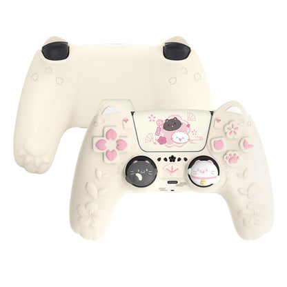 PlayVital 和風さくら子猫デザイン シリコンカバー PS5コントローラー用, 滑り止めグリップスキン、サムグリップ＆ステッカー付き【アイボリー】