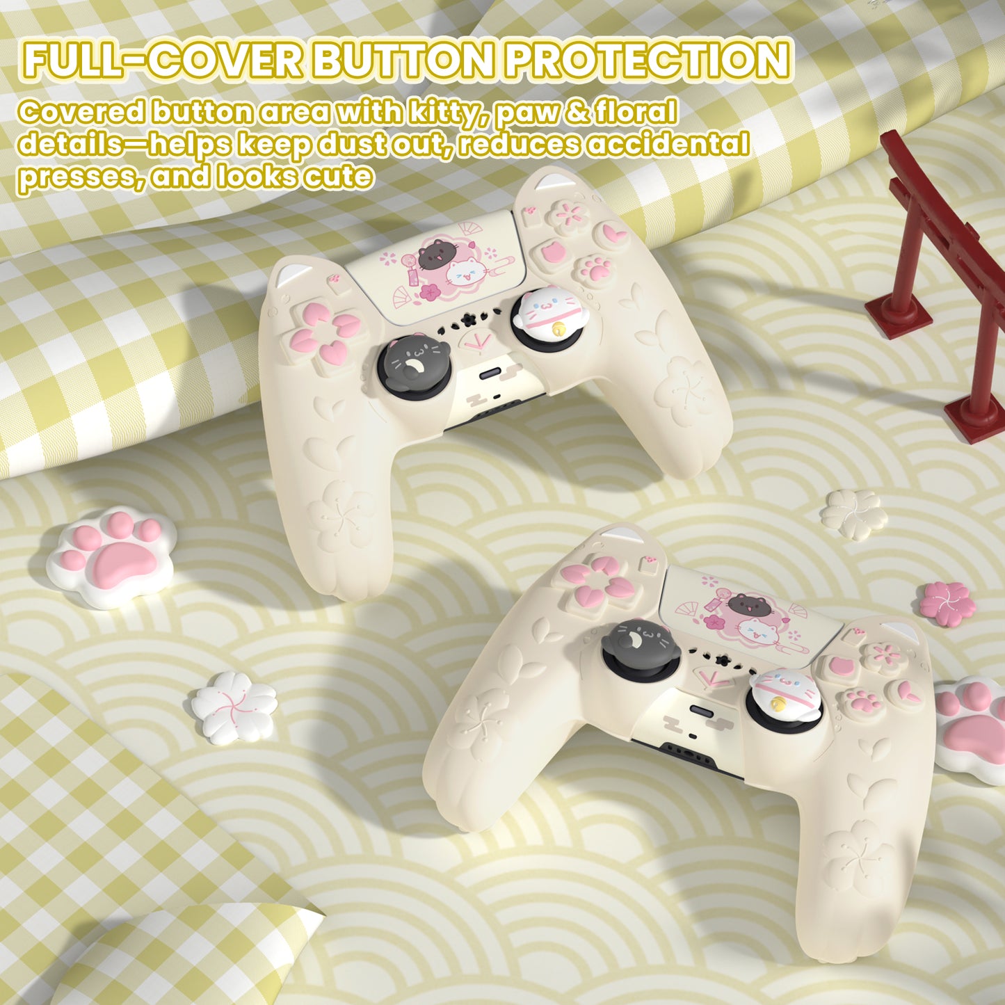 PlayVital 和風さくら子猫デザイン シリコンカバー PS5コントローラー用, 滑り止めグリップスキン、サムグリップ＆ステッカー付き【アイボリー】