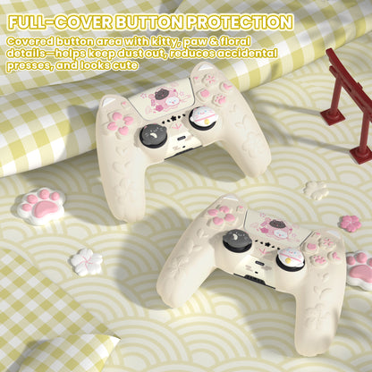 PlayVital 和風さくら子猫デザイン シリコンカバー PS5コントローラー用, 滑り止めグリップスキン、サムグリップ＆ステッカー付き【アイボリー】