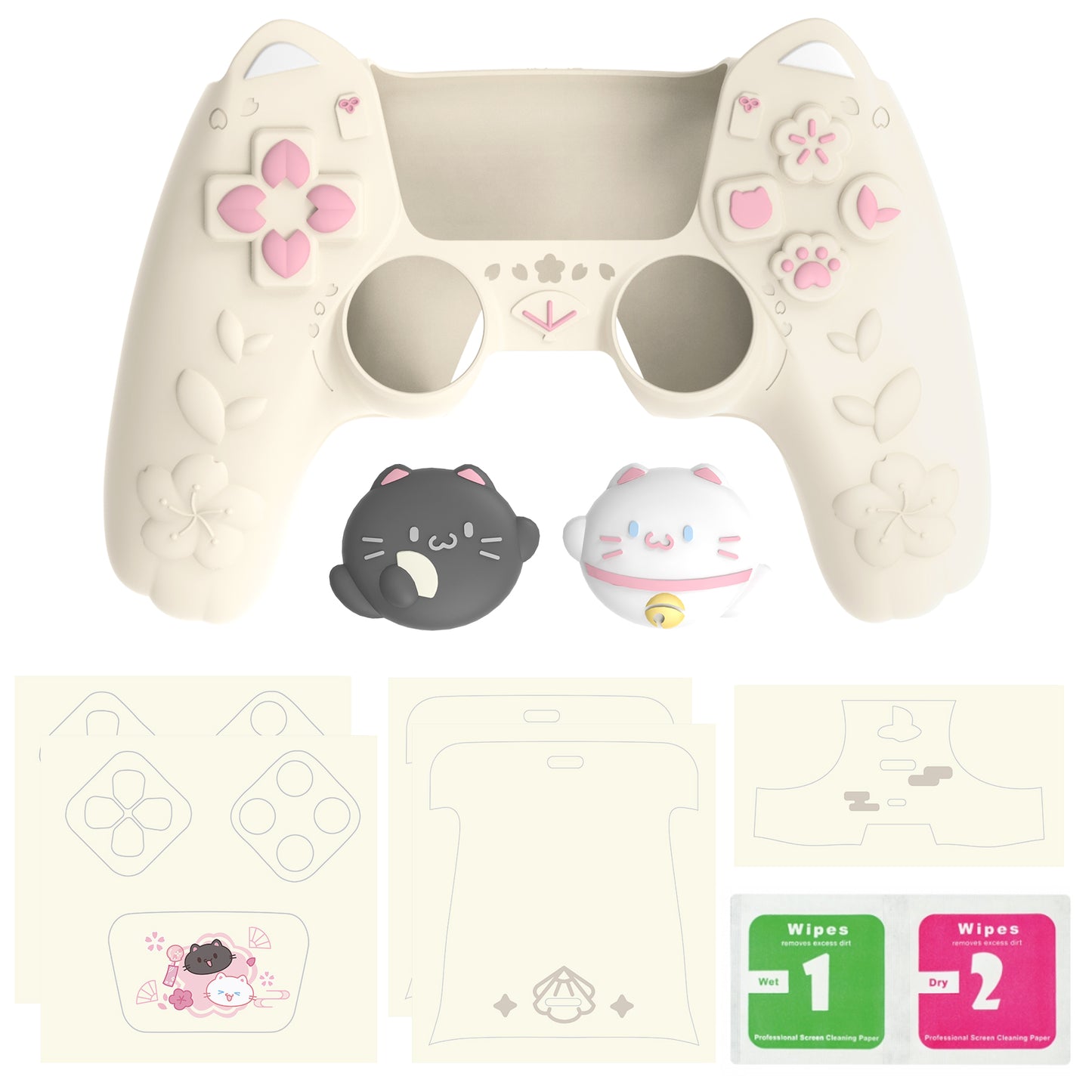 PlayVital 和風さくら子猫デザイン シリコンカバー PS5コントローラー用, 滑り止めグリップスキン、サムグリップ＆ステッカー付き【アイボリー】