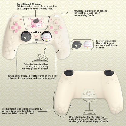 PlayVital 和風さくら子猫デザイン シリコンカバー PS5コントローラー用, 滑り止めグリップスキン、サムグリップ＆ステッカー付き【アイボリー】