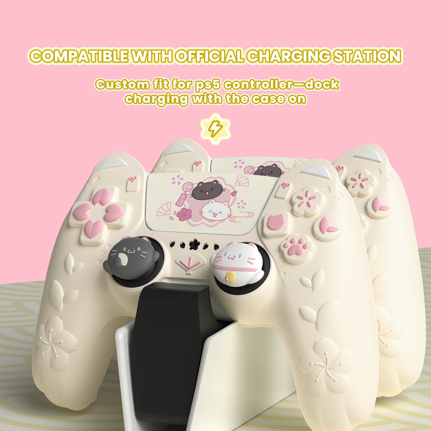 PlayVital 和風さくら子猫デザイン シリコンカバー PS5コントローラー用, 滑り止めグリップスキン、サムグリップ＆ステッカー付き【アイボリー】