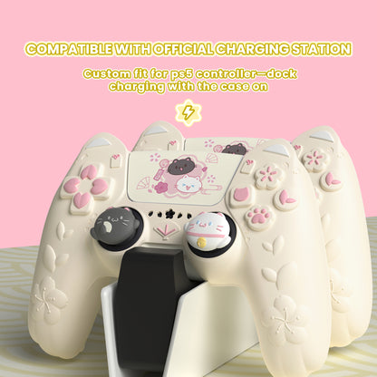 PlayVital 和風さくら子猫デザイン シリコンカバー PS5コントローラー用, 滑り止めグリップスキン、サムグリップ＆ステッカー付き【アイボリー】