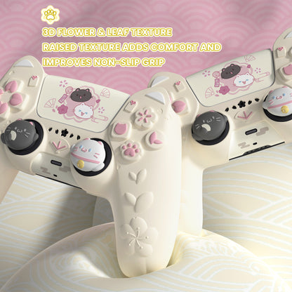 PlayVital 和風さくら子猫デザイン シリコンカバー PS5コントローラー用, 滑り止めグリップスキン、サムグリップ＆ステッカー付き【アイボリー】
