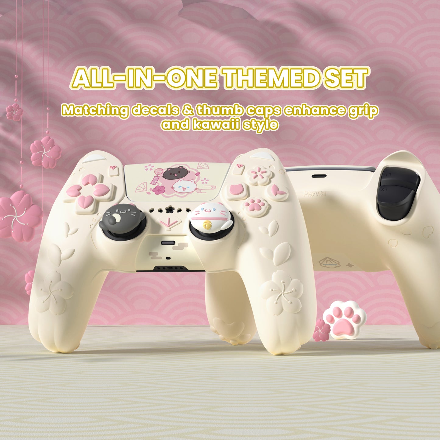 PlayVital 和風さくら子猫デザイン シリコンカバー PS5コントローラー用, 滑り止めグリップスキン、サムグリップ＆ステッカー付き【アイボリー】