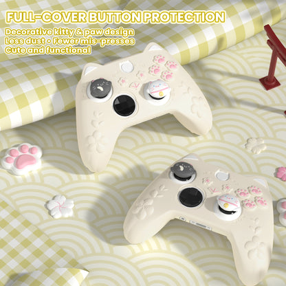 PlayVital 和風さくら子猫デザイン シリコンカバー Xbox Series X/S コントローラー用, Xbox Core Wireless Controller（モデル1914）対応、滑り止めグリップ＆ステッカー付き【アイボリー】