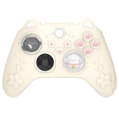 PlayVital 和風さくら子猫デザイン シリコンカバー Xbox Series X/S コントローラー用, Xbox Core Wireless Controller（モデル1914）対応、滑り止めグリップ＆ステッカー付き【アイボリー】