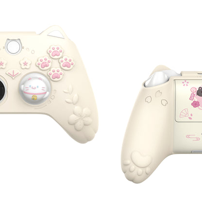 PlayVital 和風さくら子猫デザイン シリコンカバー Xbox Series X/S コントローラー用, Xbox Core Wireless Controller（モデル1914）対応、滑り止めグリップ＆ステッカー付き【アイボリー】