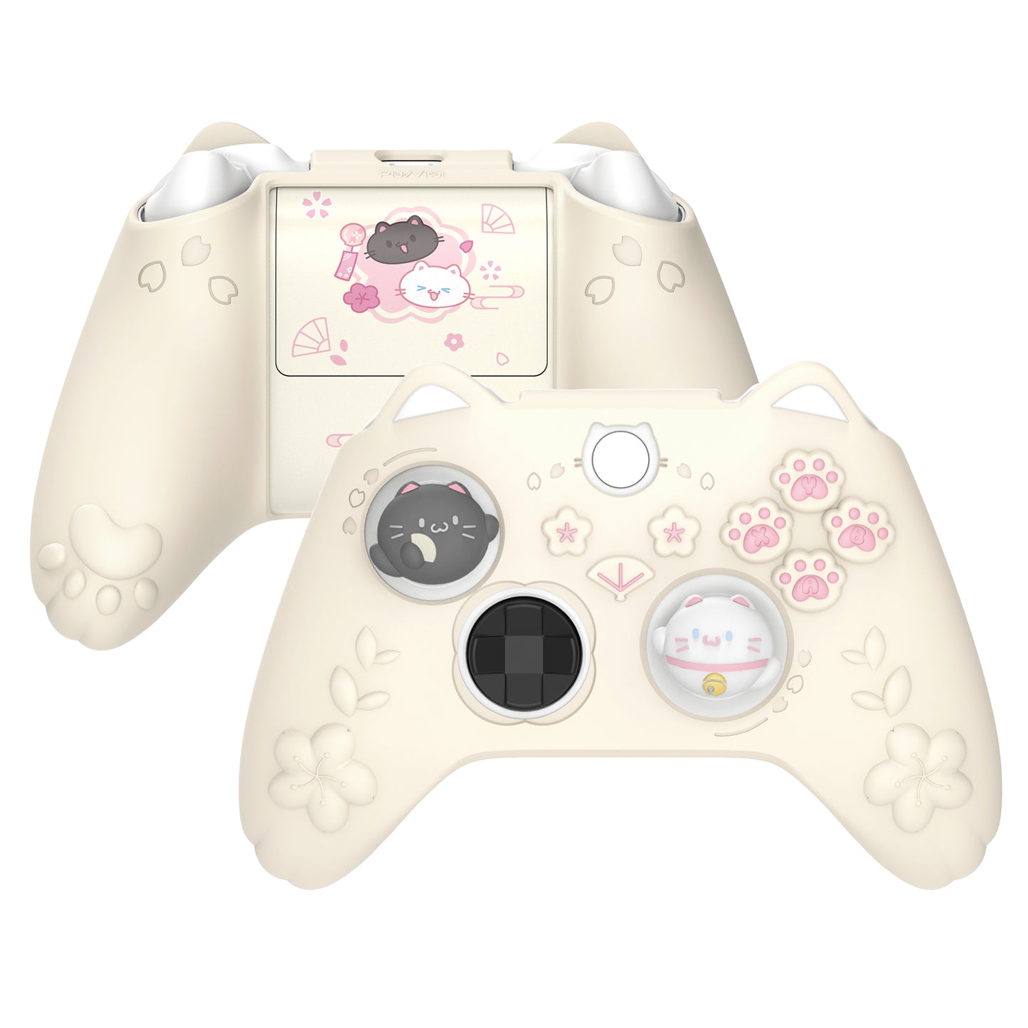 PlayVital 和風さくら子猫デザイン シリコンカバー Xbox Series X/S コントローラー用, Xbox Core Wireless Controller（モデル1914）対応、滑り止めグリップ＆ステッカー付き【アイボリー】