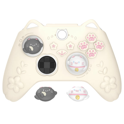 PlayVital 和風さくら子猫デザイン シリコンカバー Xbox Series X/S コントローラー用, Xbox Core Wireless Controller（モデル1914）対応、滑り止めグリップ＆ステッカー付き【アイボリー】