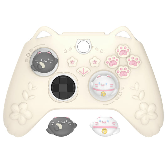 PlayVital 和風さくら子猫デザイン シリコンカバー Xbox Series X/S コントローラー用, Xbox Core Wireless Controller（モデル1914）対応、滑り止めグリップ＆ステッカー付き【アイボリー】