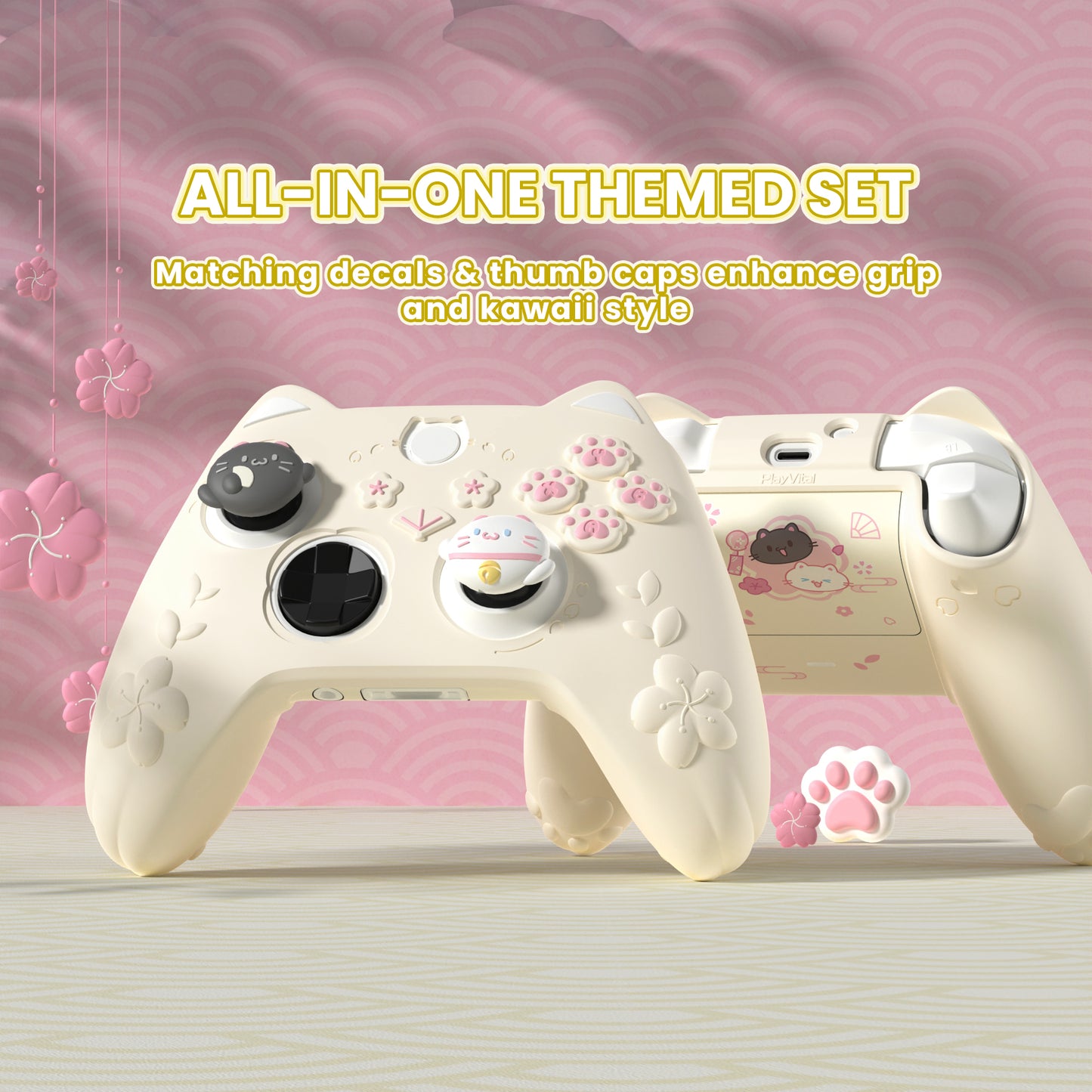 PlayVital 和風さくら子猫デザイン シリコンカバー Xbox Series X/S コントローラー用, Xbox Core Wireless Controller（モデル1914）対応、滑り止めグリップ＆ステッカー付き【アイボリー】