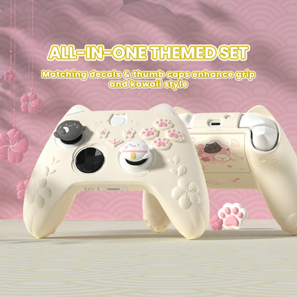 PlayVital 和風さくら子猫デザイン シリコンカバー Xbox Series X/S コントローラー用, Xbox Core Wireless Controller（モデル1914）対応、滑り止めグリップ＆ステッカー付き【アイボリー】
