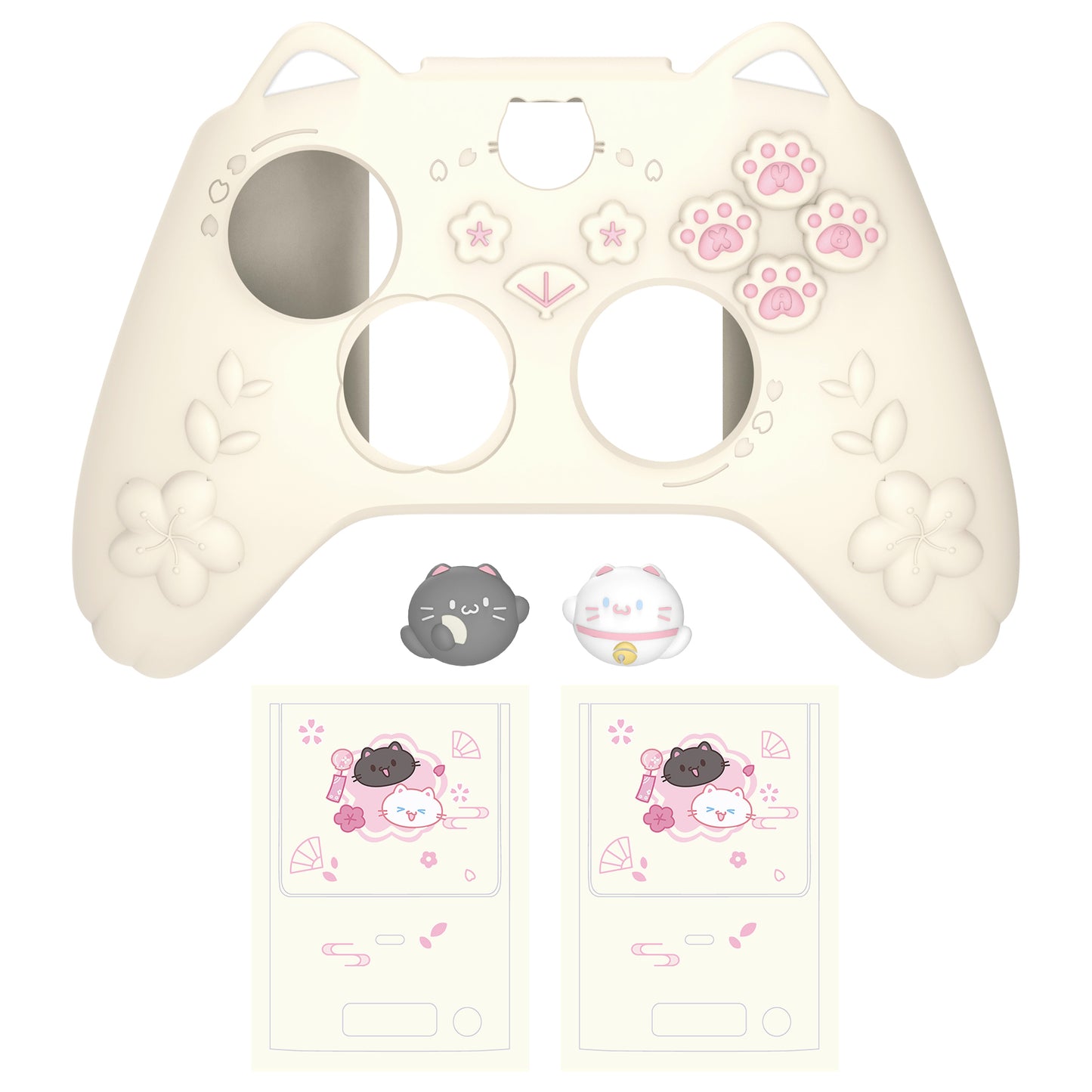 PlayVital 和風さくら子猫デザイン シリコンカバー Xbox Series X/S コントローラー用, Xbox Core Wireless Controller（モデル1914）対応、滑り止めグリップ＆ステッカー付き【アイボリー】
