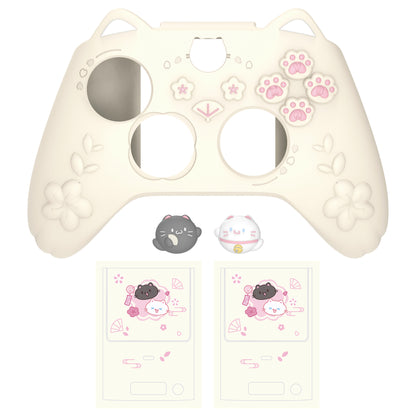 PlayVital 和風さくら子猫デザイン シリコンカバー Xbox Series X/S コントローラー用, Xbox Core Wireless Controller（モデル1914）対応、滑り止めグリップ＆ステッカー付き【アイボリー】