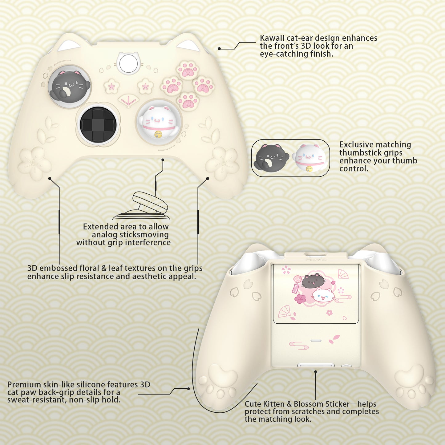 PlayVital 和風さくら子猫デザイン シリコンカバー Xbox Series X/S コントローラー用, Xbox Core Wireless Controller（モデル1914）対応、滑り止めグリップ＆ステッカー付き【アイボリー】