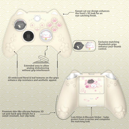 PlayVital 和風さくら子猫デザイン シリコンカバー Xbox Series X/S コントローラー用, Xbox Core Wireless Controller（モデル1914）対応、滑り止めグリップ＆ステッカー付き【アイボリー】