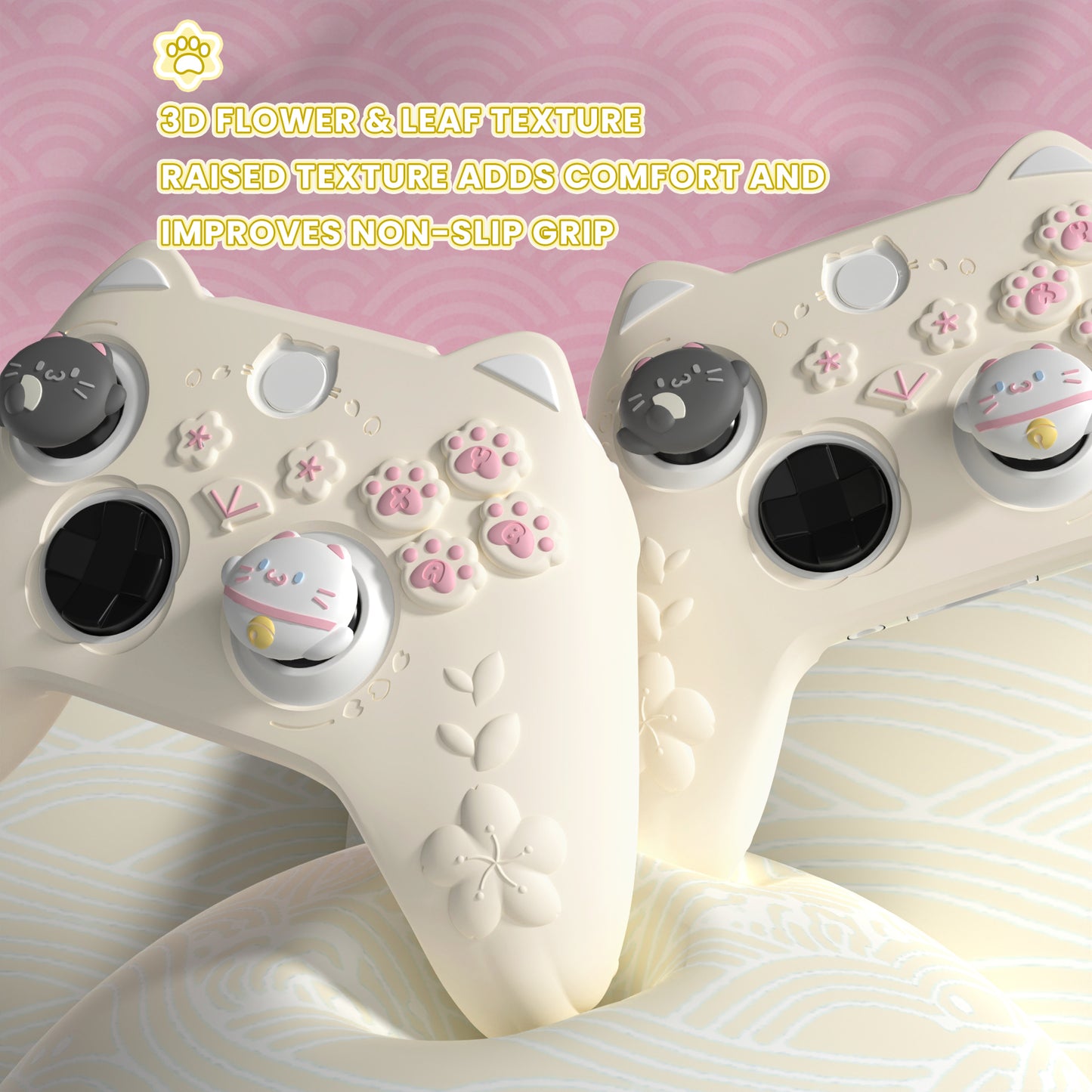 PlayVital 和風さくら子猫デザイン シリコンカバー Xbox Series X/S コントローラー用, Xbox Core Wireless Controller（モデル1914）対応、滑り止めグリップ＆ステッカー付き【アイボリー】
