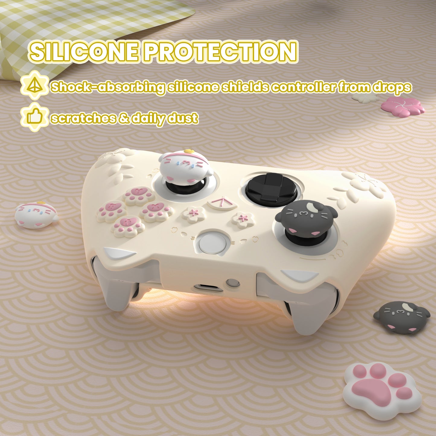 PlayVital 和風さくら子猫デザイン シリコンカバー Xbox Series X/S コントローラー用, Xbox Core Wireless Controller（モデル1914）対応、滑り止めグリップ＆ステッカー付き【アイボリー】