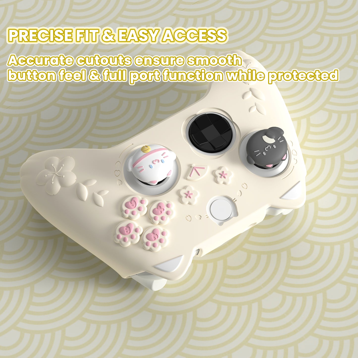 PlayVital 和風さくら子猫デザイン シリコンカバー Xbox Series X/S コントローラー用, Xbox Core Wireless Controller（モデル1914）対応、滑り止めグリップ＆ステッカー付き【アイボリー】