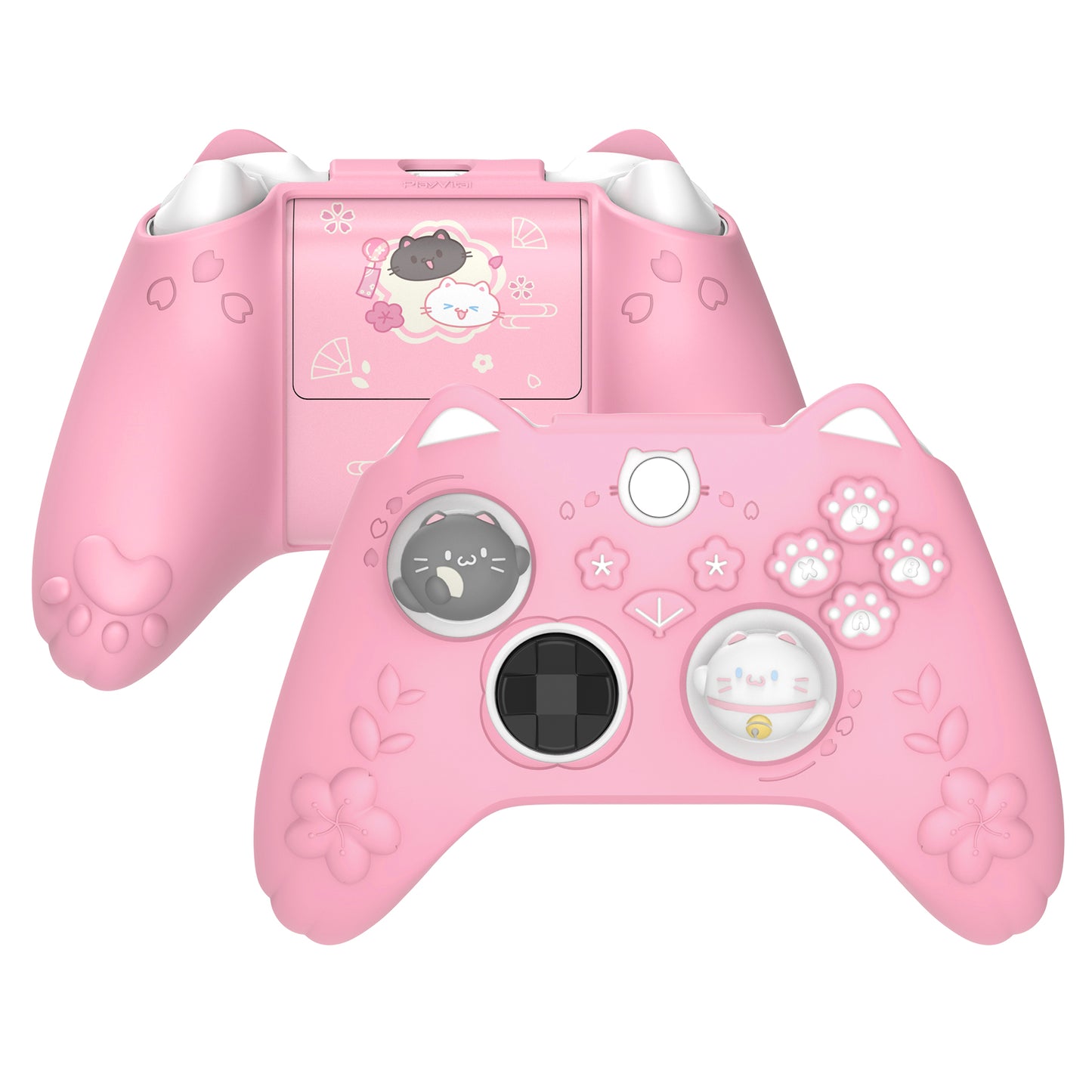 PlayVital 和風さくら子猫デザイン シリコンカバー Xbox Series X/S コントローラー用, Xbox Core Wireless Controller（モデル1914）対応、滑り止めグリップ＆ステッカー付き【ピンク】