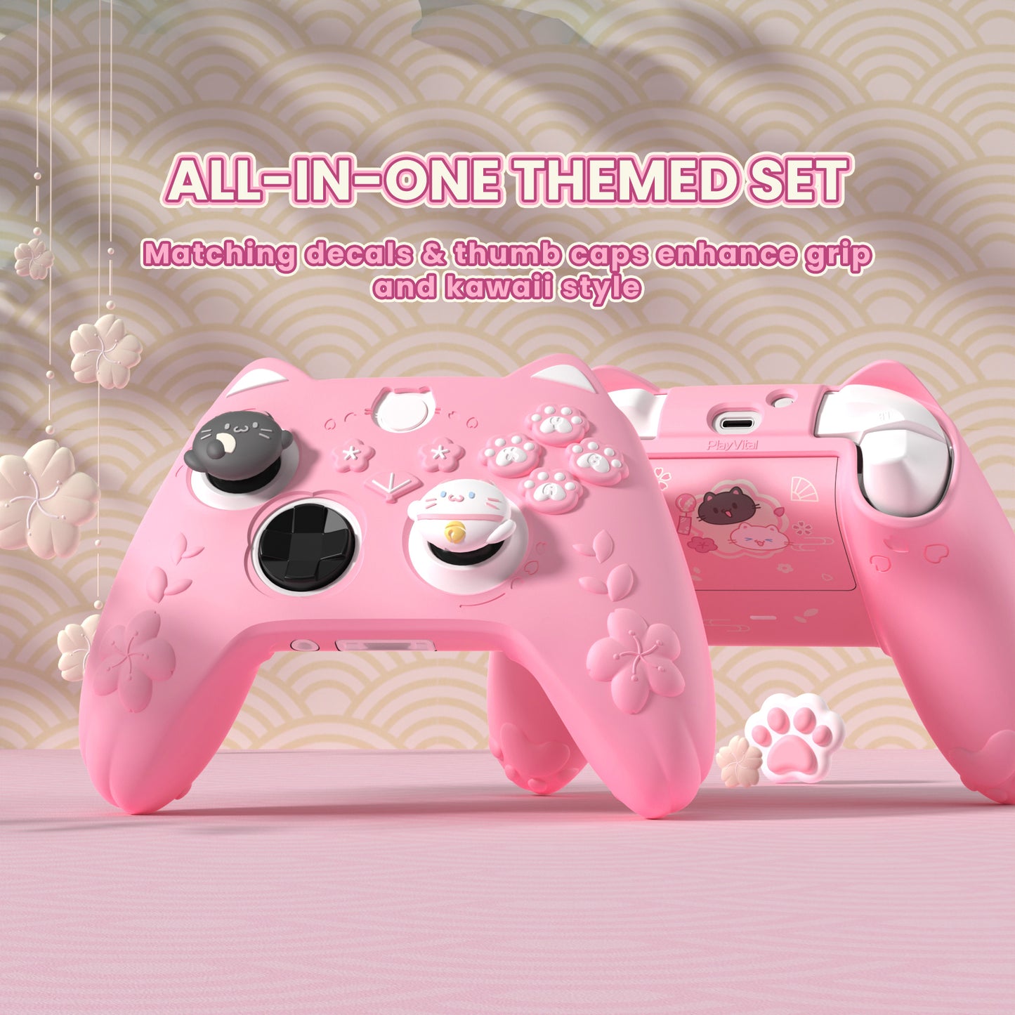 PlayVital 和風さくら子猫デザイン シリコンカバー Xbox Series X/S コントローラー用, Xbox Core Wireless Controller（モデル1914）対応、滑り止めグリップ＆ステッカー付き【ピンク】