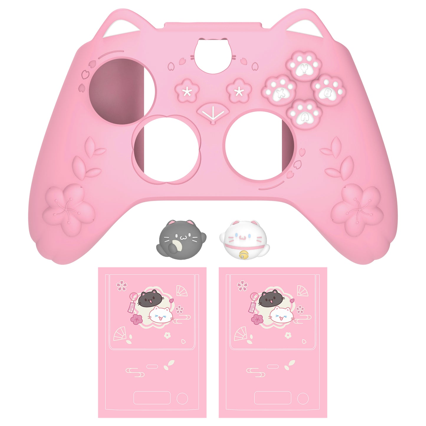 PlayVital 和風さくら子猫デザイン シリコンカバー Xbox Series X/S コントローラー用, Xbox Core Wireless Controller（モデル1914）対応、滑り止めグリップ＆ステッカー付き【ピンク】