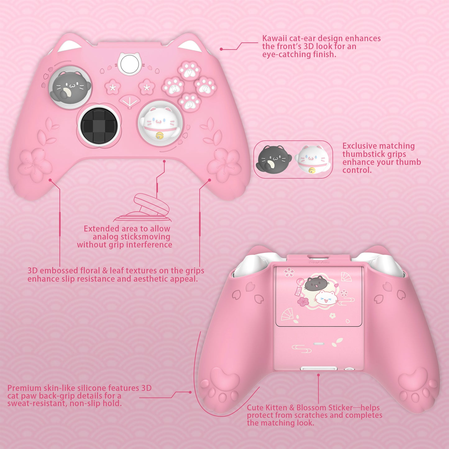 PlayVital 和風さくら子猫デザイン シリコンカバー Xbox Series X/S コントローラー用, Xbox Core Wireless Controller（モデル1914）対応、滑り止めグリップ＆ステッカー付き【ピンク】
