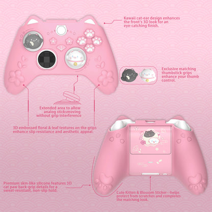 PlayVital 和風さくら子猫デザイン シリコンカバー Xbox Series X/S コントローラー用, Xbox Core Wireless Controller（モデル1914）対応、滑り止めグリップ＆ステッカー付き【ピンク】