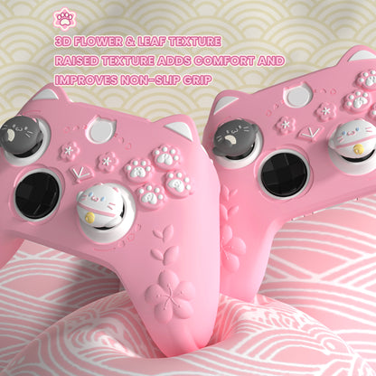 PlayVital 和風さくら子猫デザイン シリコンカバー Xbox Series X/S コントローラー用, Xbox Core Wireless Controller（モデル1914）対応、滑り止めグリップ＆ステッカー付き【ピンク】