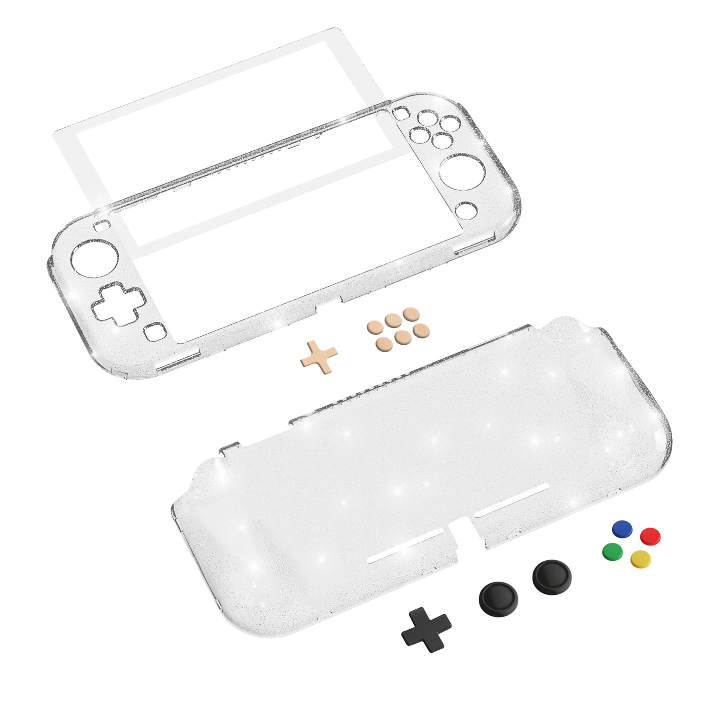PlayVital Nintendo Switch Lite対応 クリアラメシルバー保護ケース スイッチライト対応ハードグリップカバーケース 耐衝撃 キズ防止 ガラスフィルム&サムグリップ&ボタンキャップ付き