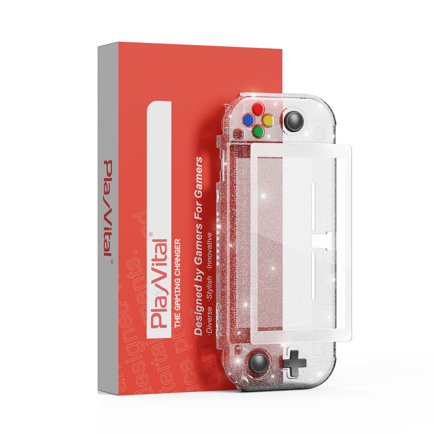 PlayVital Nintendo Switch Lite対応 クリアラメシルバー保護ケース スイッチライト対応ハードグリップカバーケース 耐衝撃 キズ防止 ガラスフィルム&サムグリップ&ボタンキャップ付き