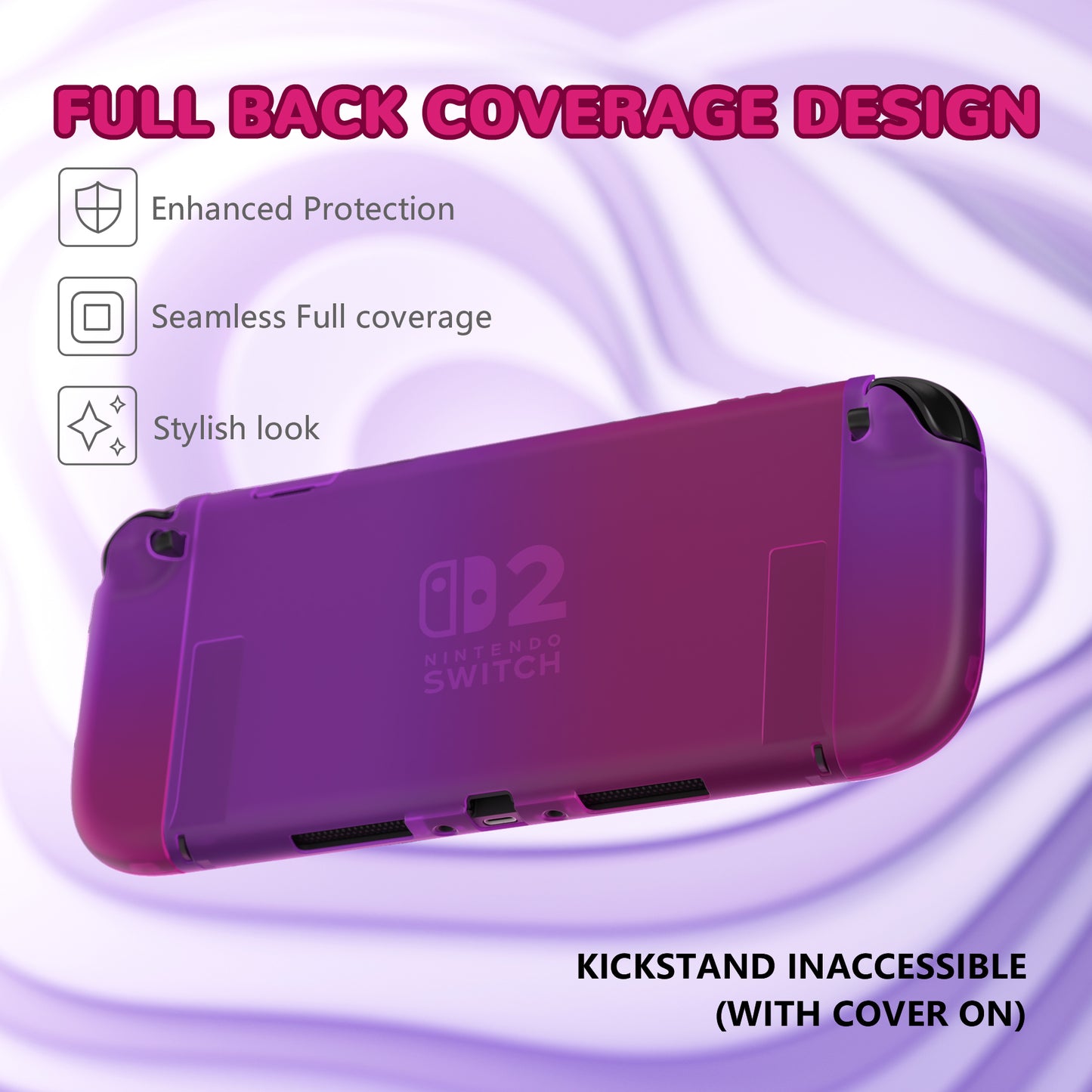 PlayVital クリアシリーズ Switch 2（2025）対応 透明ハードシェルケース ドック対応 傷防止タイプ グリップ付き保護カバー 折りたたみスタンド＆親指グリップ付属【クリア アトミックパープル＆ローズレッド】
