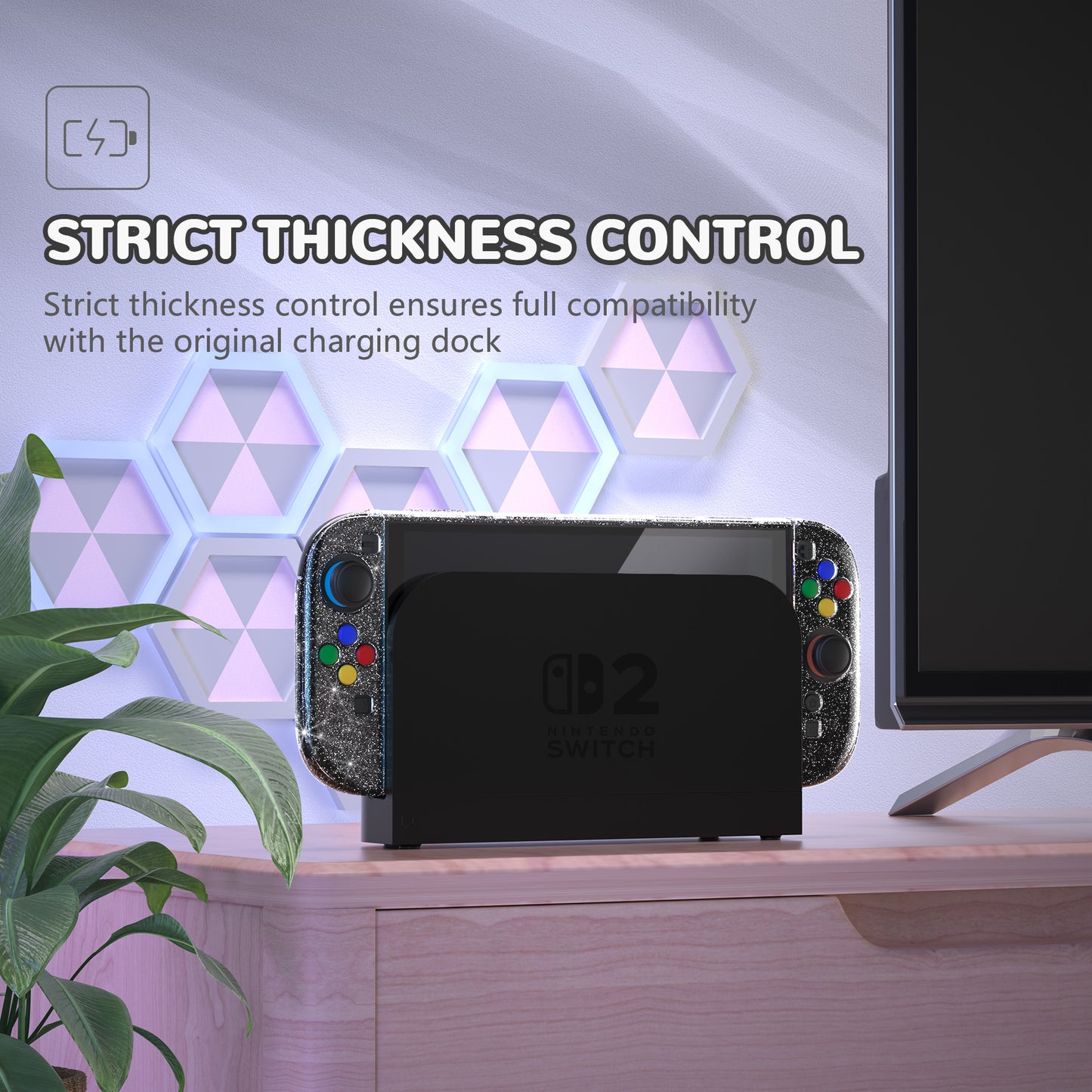 PlayVital クリアシリーズ Switch 2（2025）対応 透明ハードシェルケース ドック対応 傷防止タイプ グリップ付き保護カバー 折りたたみスタンド＆親指グリップ付属【クリアラメシルバー】