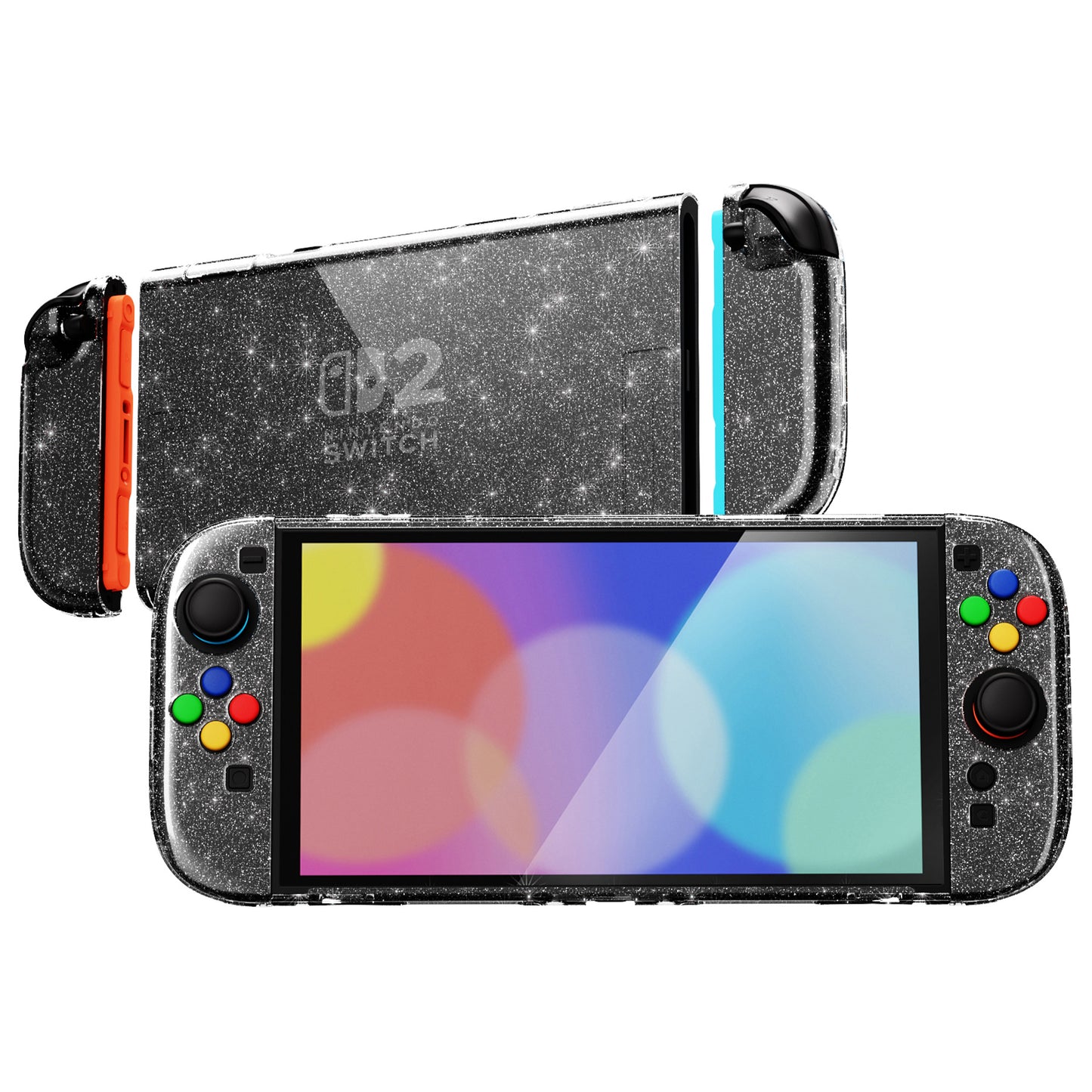 PlayVital クリアシリーズ Switch 2（2025）対応 透明ハードシェルケース ドック対応 傷防止タイプ グリップ付き保護カバー 折りたたみスタンド＆親指グリップ付属【クリアラメシルバー】