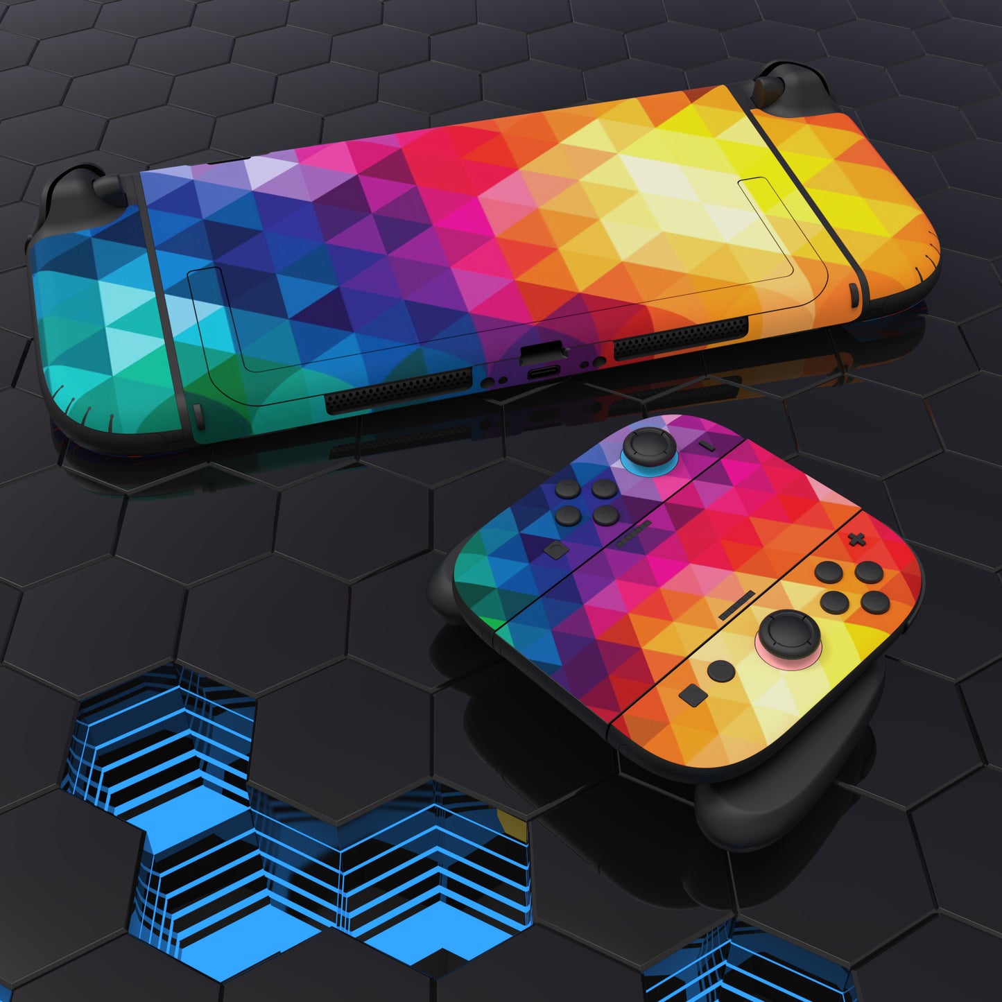 PlayVital Nintendo Switch 2（2025）本体・Joycon対応 フルセット保護ステッカーシール カスタマイズ用ビニールステッカー ドック＆グリップスシール付き【カラフル トライアングル】
