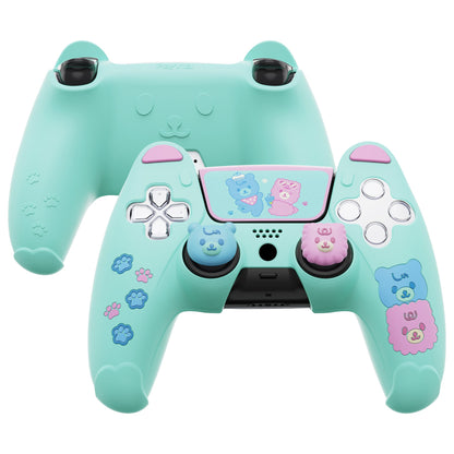 PlayVital Cute Bear Controller Silicone Case with Thumb Grips for PS5 Wireless Controller, Compatible with Charging Station - Green & Pink - UYBPFP004 PlayVital