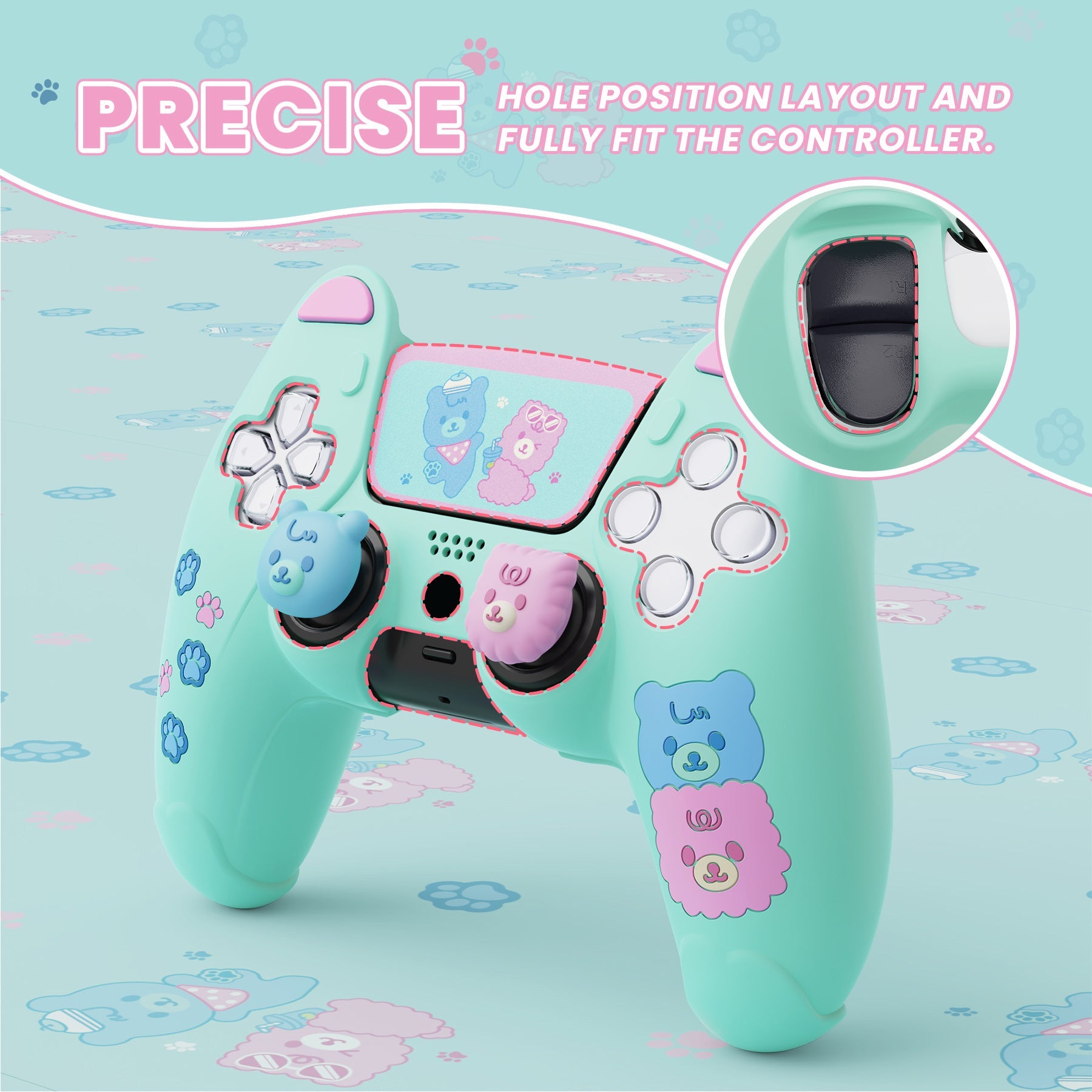 PlayVital Cute Bear Controller Silicone Case with Thumb Grips for PS5 Wireless Controller, Compatible with Charging Station - Green & Pink - UYBPFP004 PlayVital