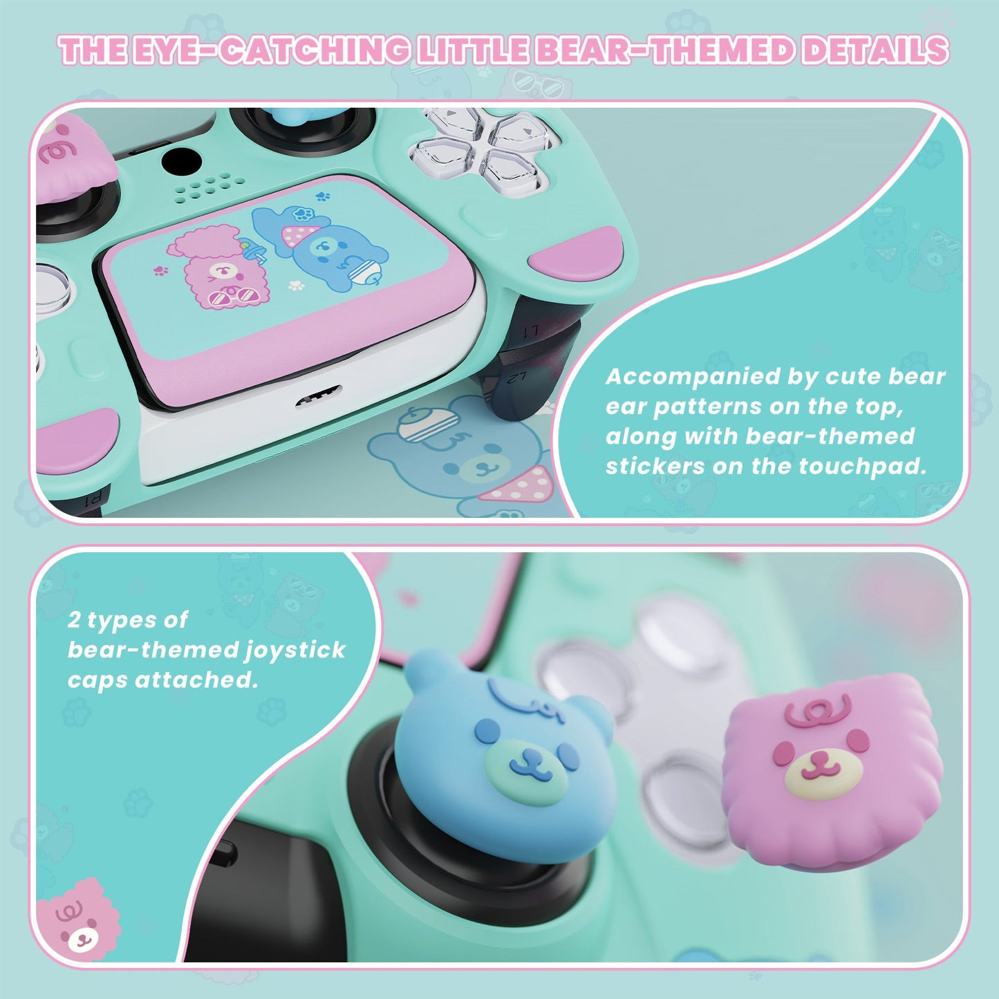 PlayVital Cute Bear Controller Silicone Case with Thumb Grips for PS5 Wireless Controller, Compatible with Charging Station - Green & Pink - UYBPFP004 PlayVital