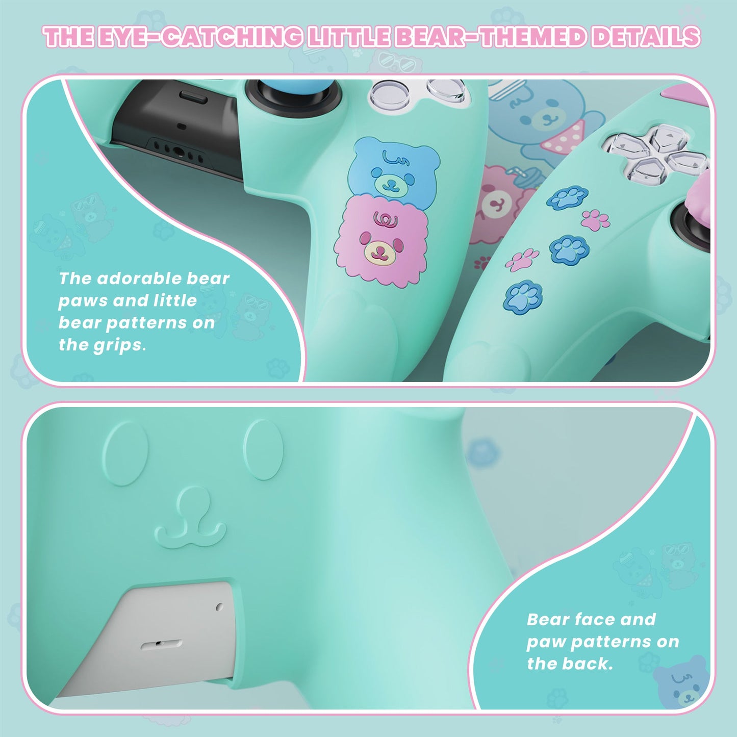 PlayVital Cute Bear Controller Silicone Case with Thumb Grips for PS5 Wireless Controller, Compatible with Charging Station - Green & Pink - UYBPFP004 PlayVital