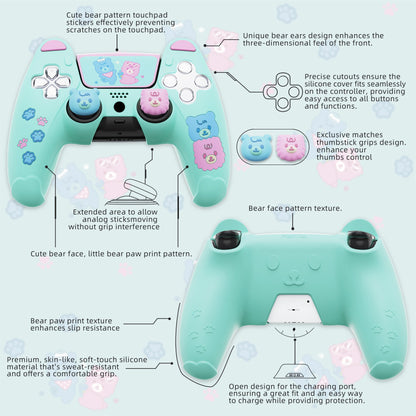 PlayVital Cute Bear Controller Silicone Case with Thumb Grips for PS5 Wireless Controller, Compatible with Charging Station - Green & Pink - UYBPFP004 PlayVital